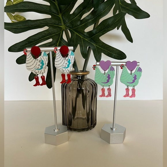1970's Inspired Chicken in Boots Dangle Earrings - Colorful Retro Drop Earrings - Picture 4 of 14